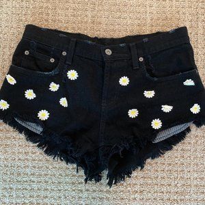 LF CARMAR Mid Rise Black Denim Sunflower Shorts